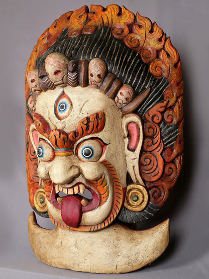 25" Wooden White Bhairava Mask | Handmade Mask Sculpture