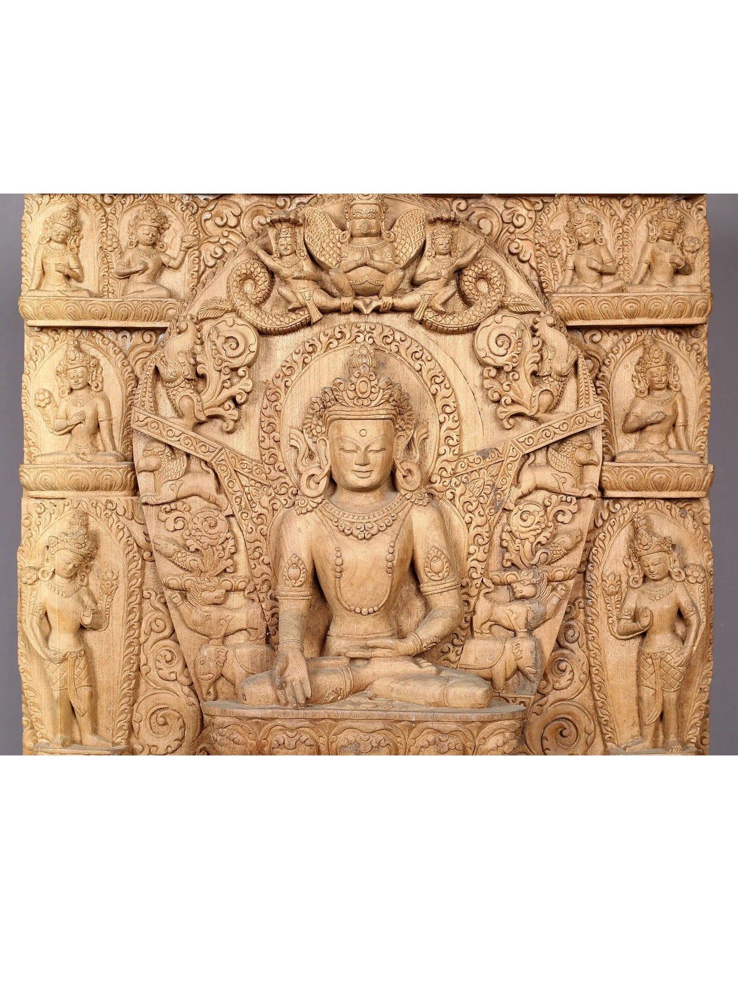 25" Crowned Lord Buddha | Handcarved In Nepal | Made Of Campor Tree Wood