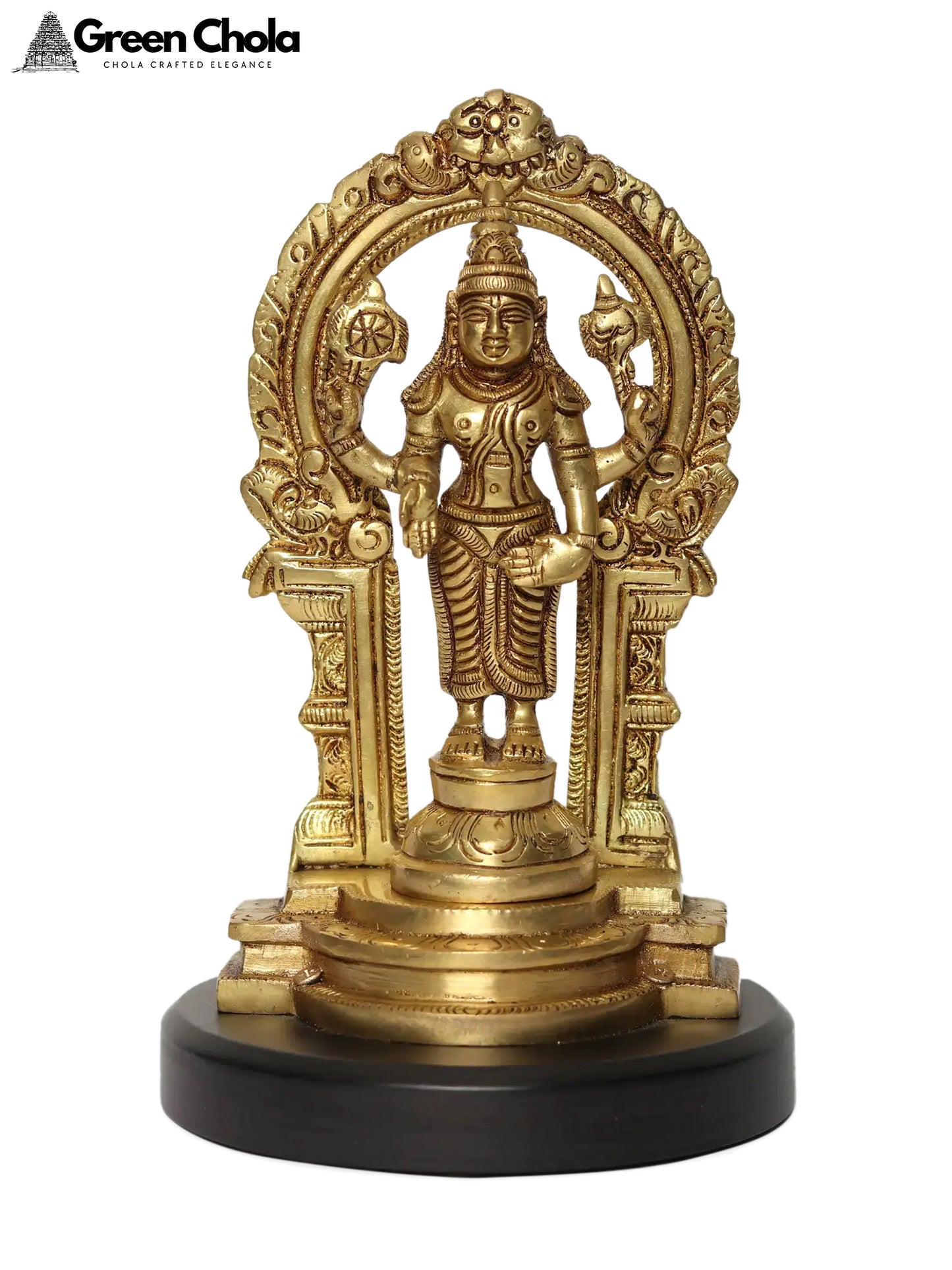 Brass Lord Vishnu Statue Standing on Wooden Base with Kirtimukha Arch 7-Inch