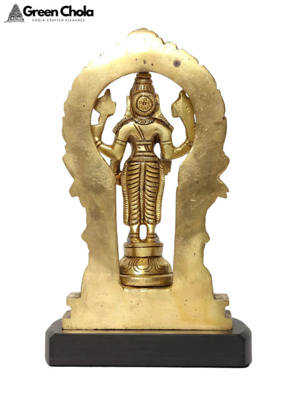 Brass Lord Vishnu Statue Standing on Wooden Base with Kirtimukha Arch 7-Inch