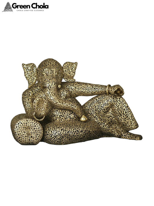 Leaf Design Brass Ganesha Statue in a Relaxing Pose 78-Inch