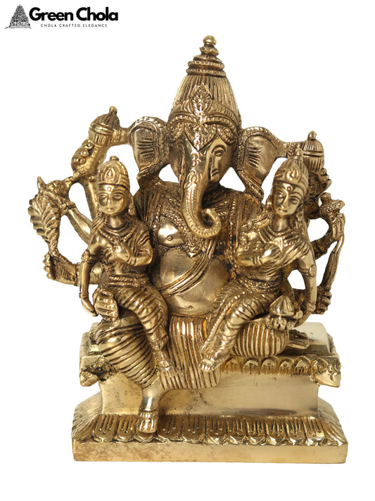 5-Inch Small Lord Ganesha Brass Idol with Riddhi Siddhi