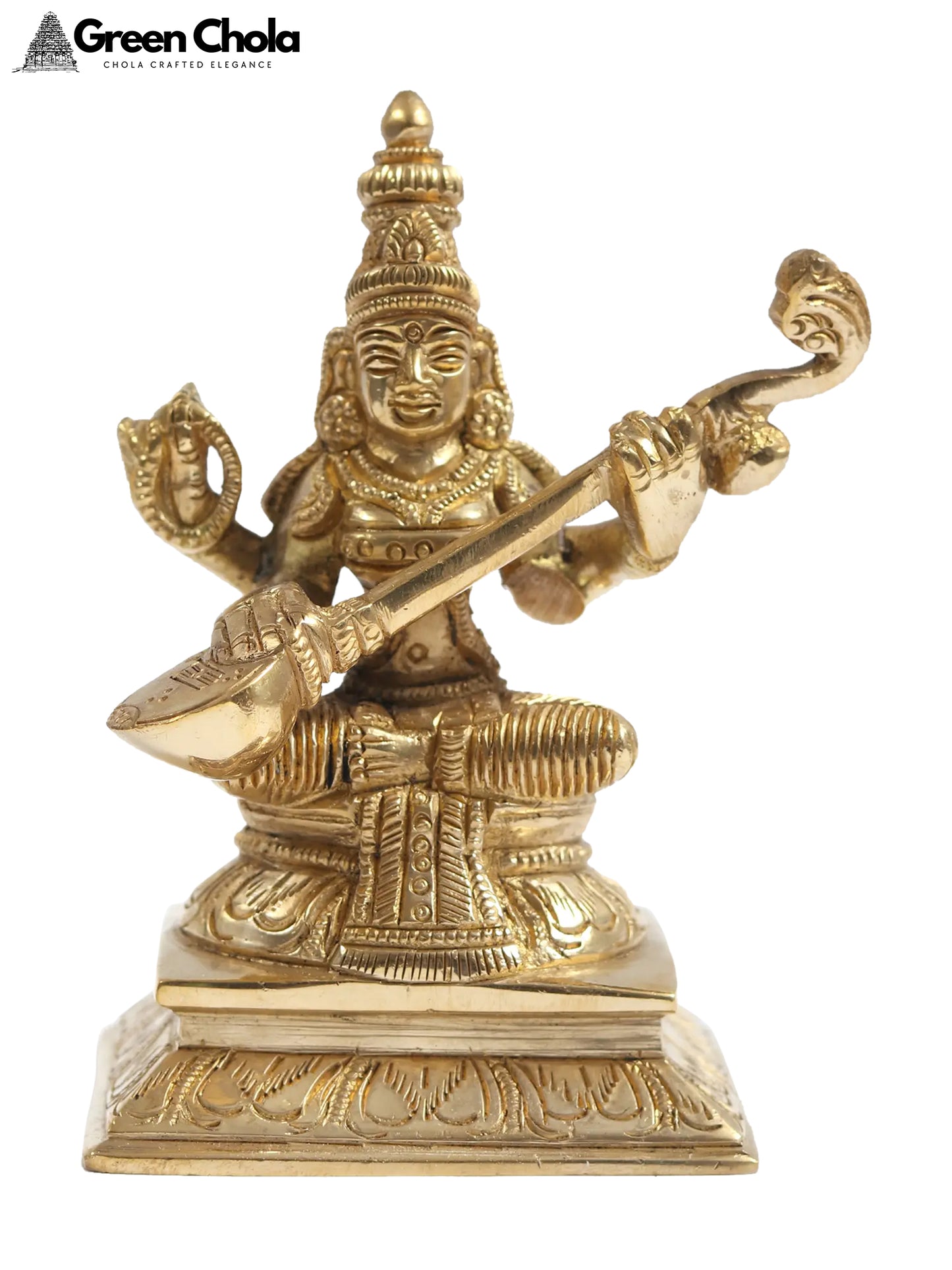 4-Inch Small Goddess Saraswati Brass Idol with her Veena