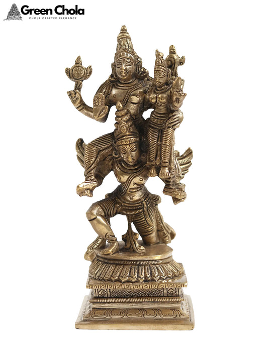 Small Vishnu Lakshmi Brass Idol Seated on Garuda 5-Inch