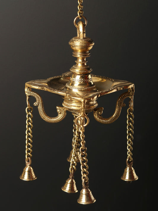 6" Four Wicks Designer Lamp with Dangling Bells | Brass Oil Lamp