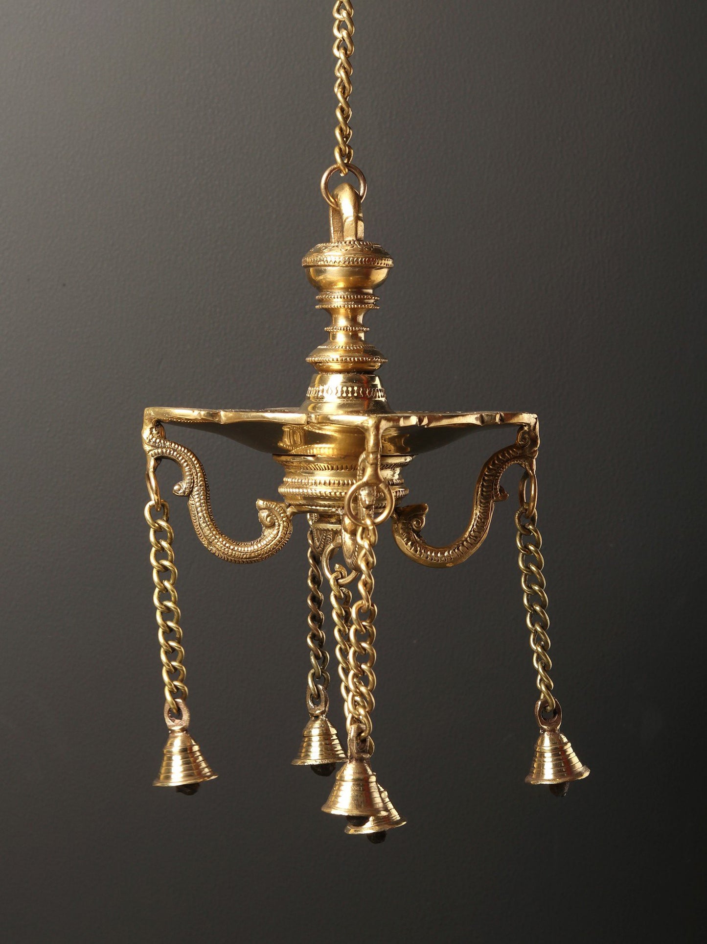 6" Four Wicks Designer Lamp with Dangling Bells | Brass Oil Lamp