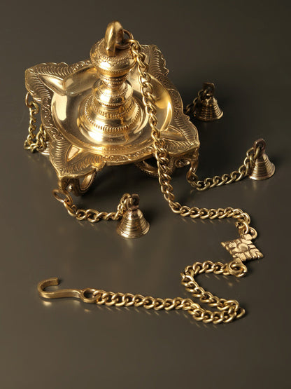 6" Four Wicks Designer Lamp with Dangling Bells | Brass Oil Lamp