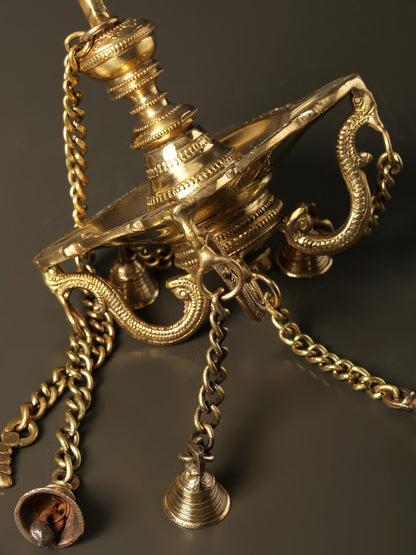 6" Four Wicks Designer Lamp with Dangling Bells | Brass Oil Lamp