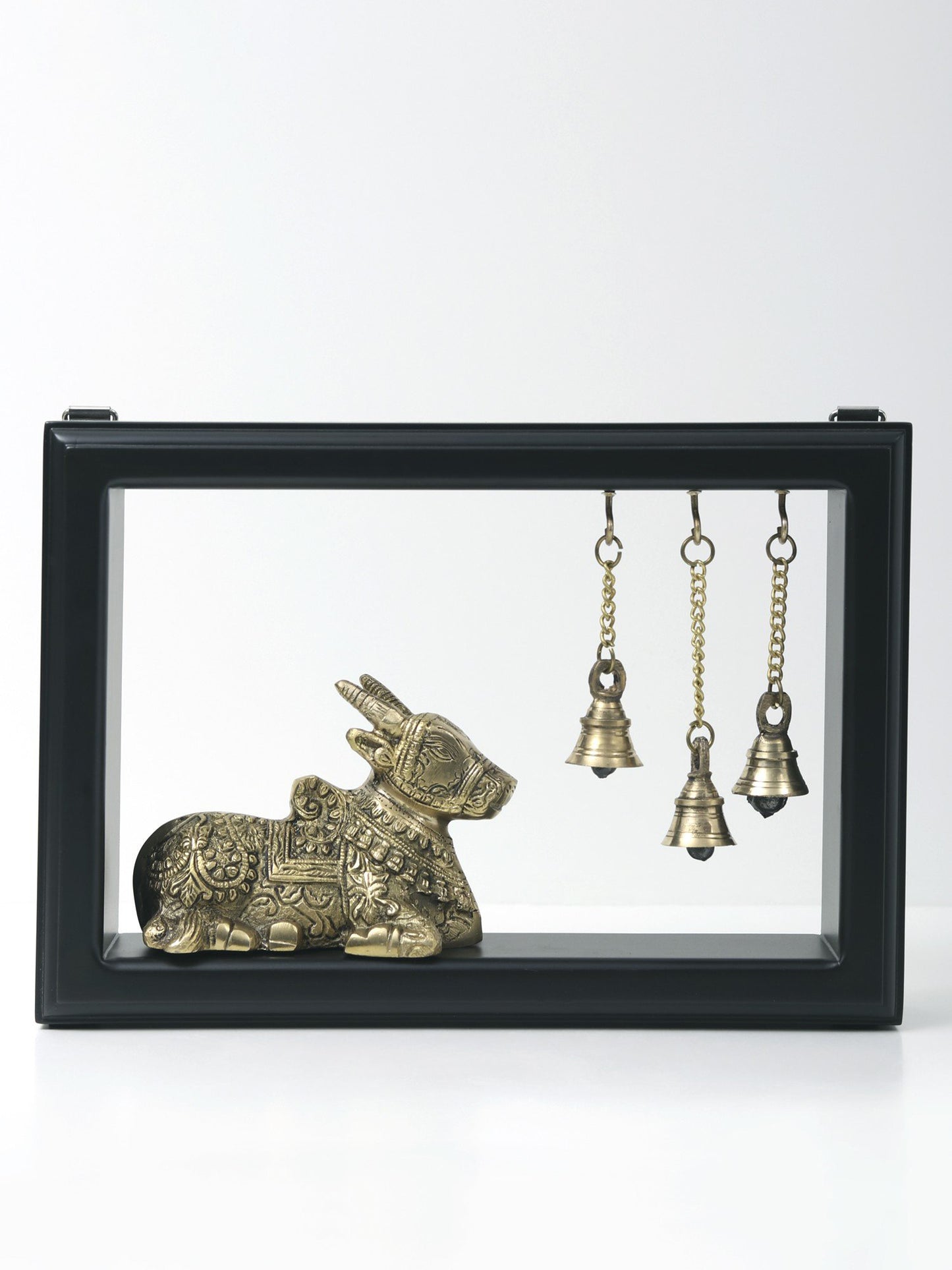 12" Wooden Framed Brass Idol Of Nandi with Bells | Wall Hanging Sculpture