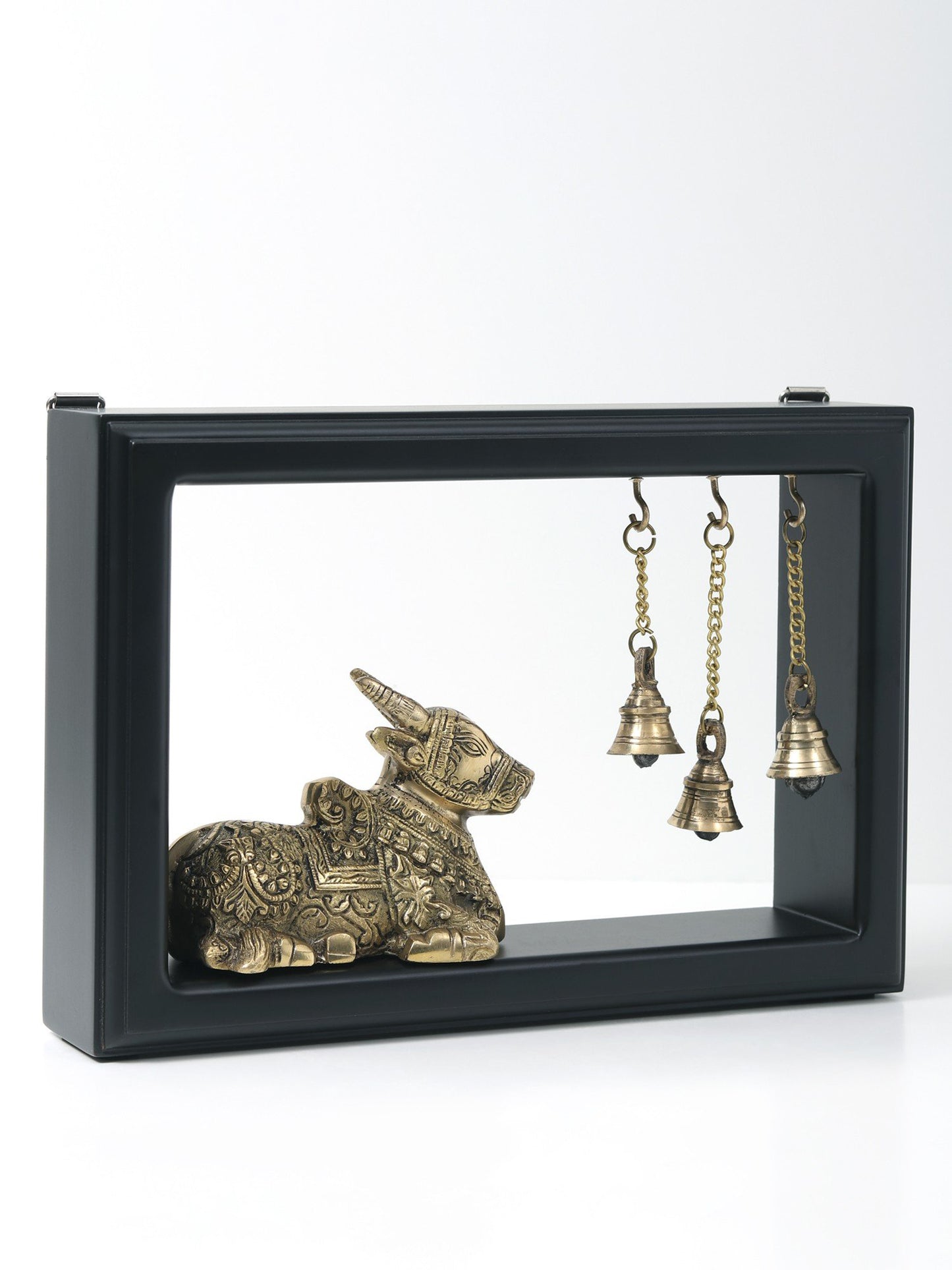 12" Wooden Framed Brass Idol Of Nandi with Bells | Wall Hanging Sculpture