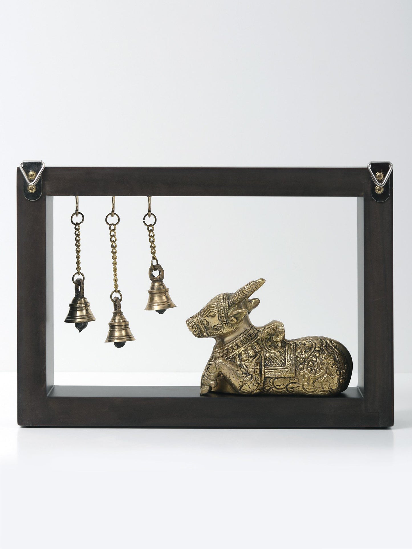 12" Wooden Framed Brass Idol Of Nandi with Bells | Wall Hanging Sculpture