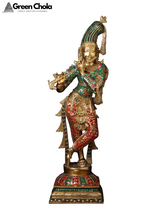 36-inch Large Fluting Krishna Inlay Work Brass Statue with Fascinating Crown