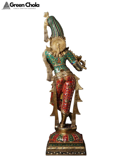 36-inch Large Fluting Krishna Inlay Work Brass Statue with Fascinating Crown