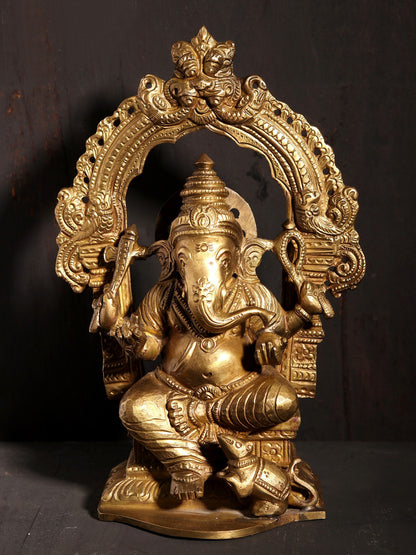 7" Chaturbhuja Ganesha Seated on Kirtimukha Throne | Hoysala Art | Bronze Statue