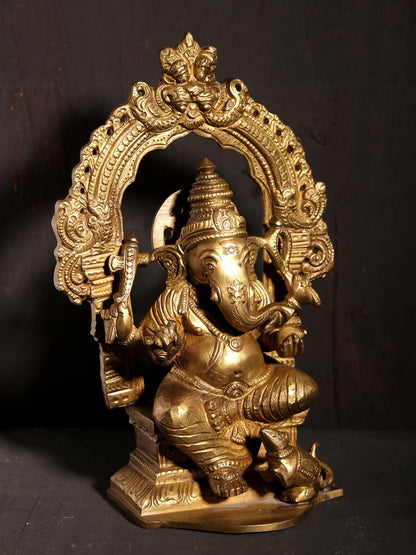 7" Chaturbhuja Ganesha Seated on Kirtimukha Throne | Hoysala Art | Bronze Statue