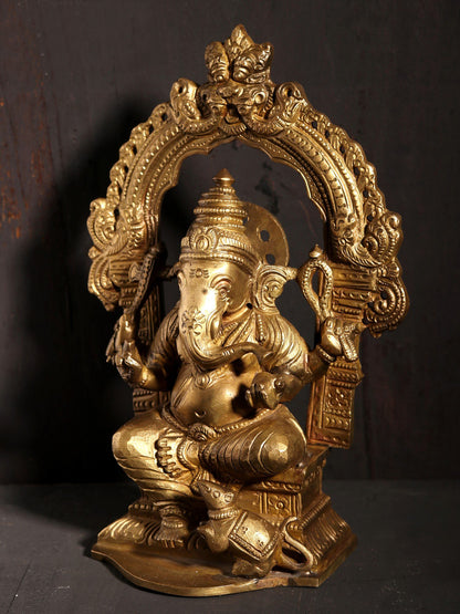 7" Chaturbhuja Ganesha Seated on Kirtimukha Throne | Hoysala Art | Bronze Statue