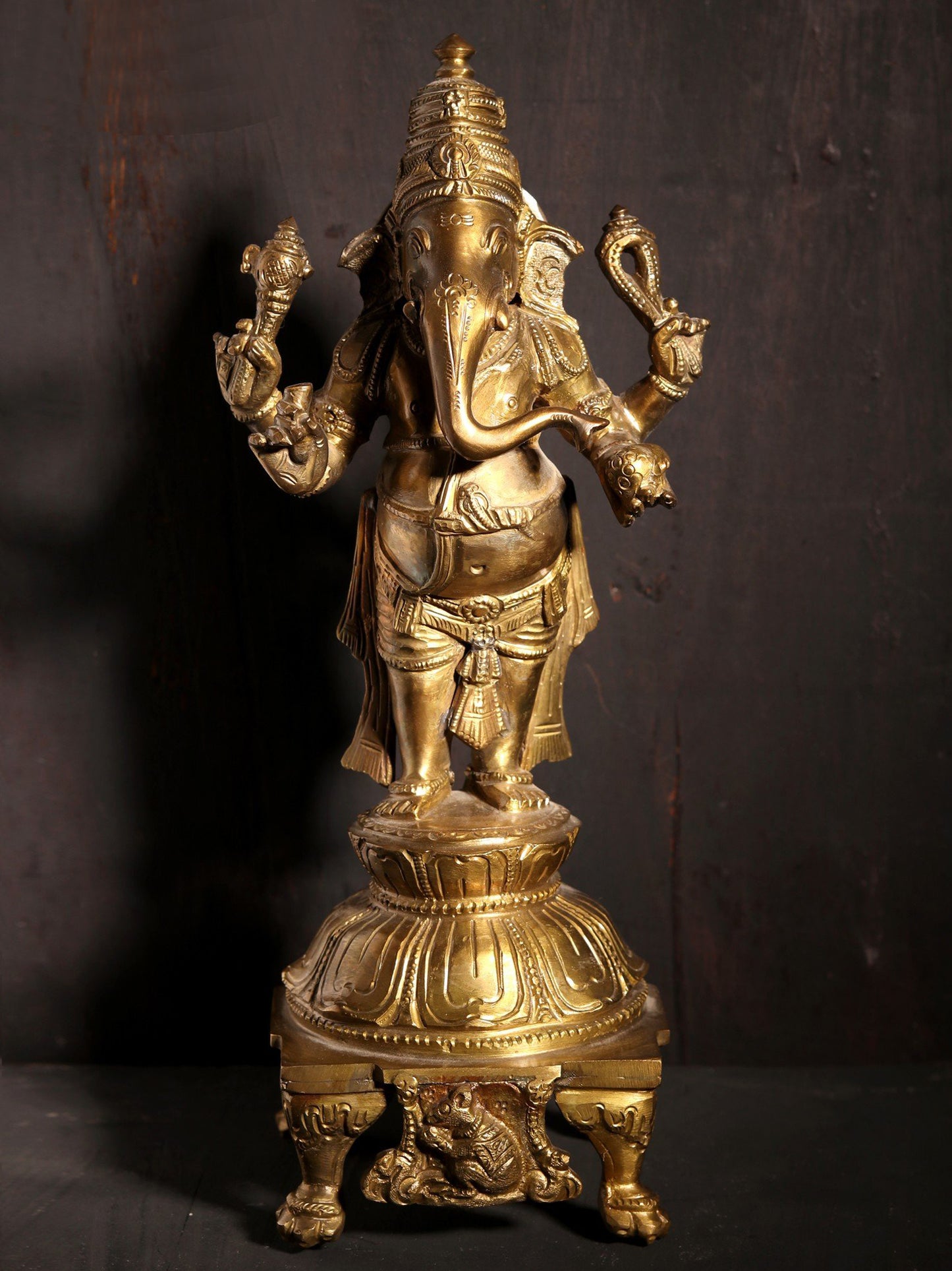 11" Standing Lord Ganapati On Pedestal | Hoysala Art | Decorative Bronze Idol | Figurine For Gifting | Bronze Statue For Temple