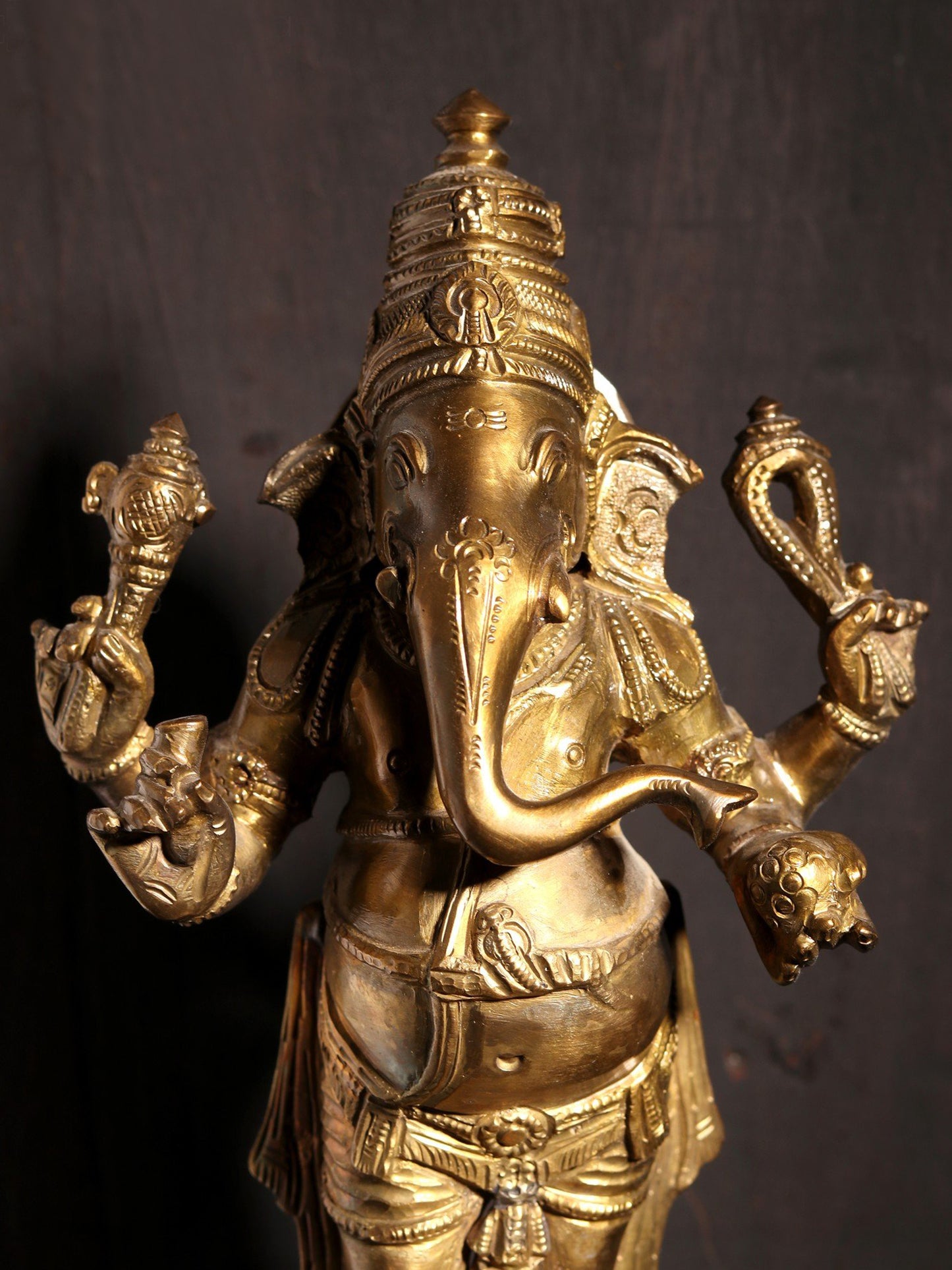 11" Standing Lord Ganapati On Pedestal | Hoysala Art | Decorative Bronze Idol | Figurine For Gifting | Bronze Statue For Temple