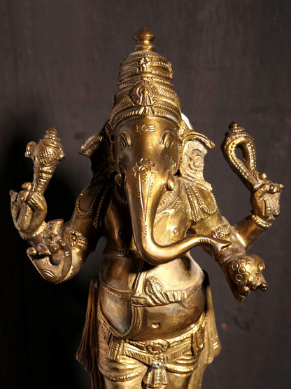 11" Standing Lord Ganapati On Pedestal | Hoysala Art | Decorative Bronze Idol | Figurine For Gifting | Bronze Statue For Temple