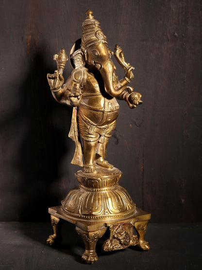 11" Standing Lord Ganapati On Pedestal | Hoysala Art | Decorative Bronze Idol | Figurine For Gifting | Bronze Statue For Temple