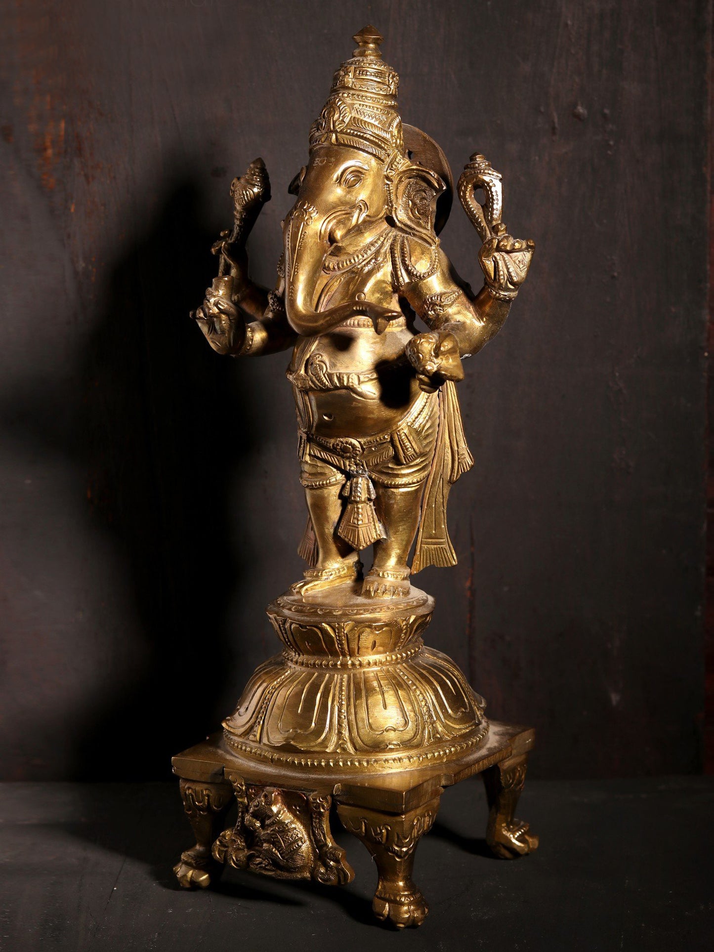 11" Standing Lord Ganapati On Pedestal | Hoysala Art | Decorative Bronze Idol | Figurine For Gifting | Bronze Statue For Temple