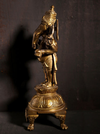 11" Standing Lord Ganapati On Pedestal | Hoysala Art | Decorative Bronze Idol | Figurine For Gifting | Bronze Statue For Temple