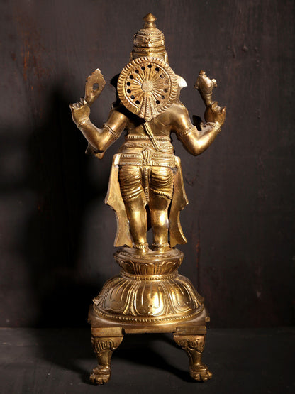 11" Standing Lord Ganapati On Pedestal | Hoysala Art | Decorative Bronze Idol | Figurine For Gifting | Bronze Statue For Temple