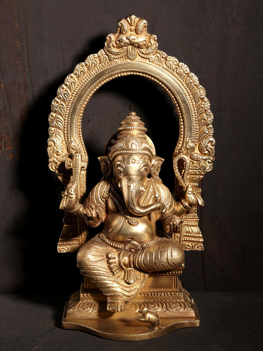 8" Sitting Ganesha on Kirtimukha Throne | Hoysala Art | Bronze Statue