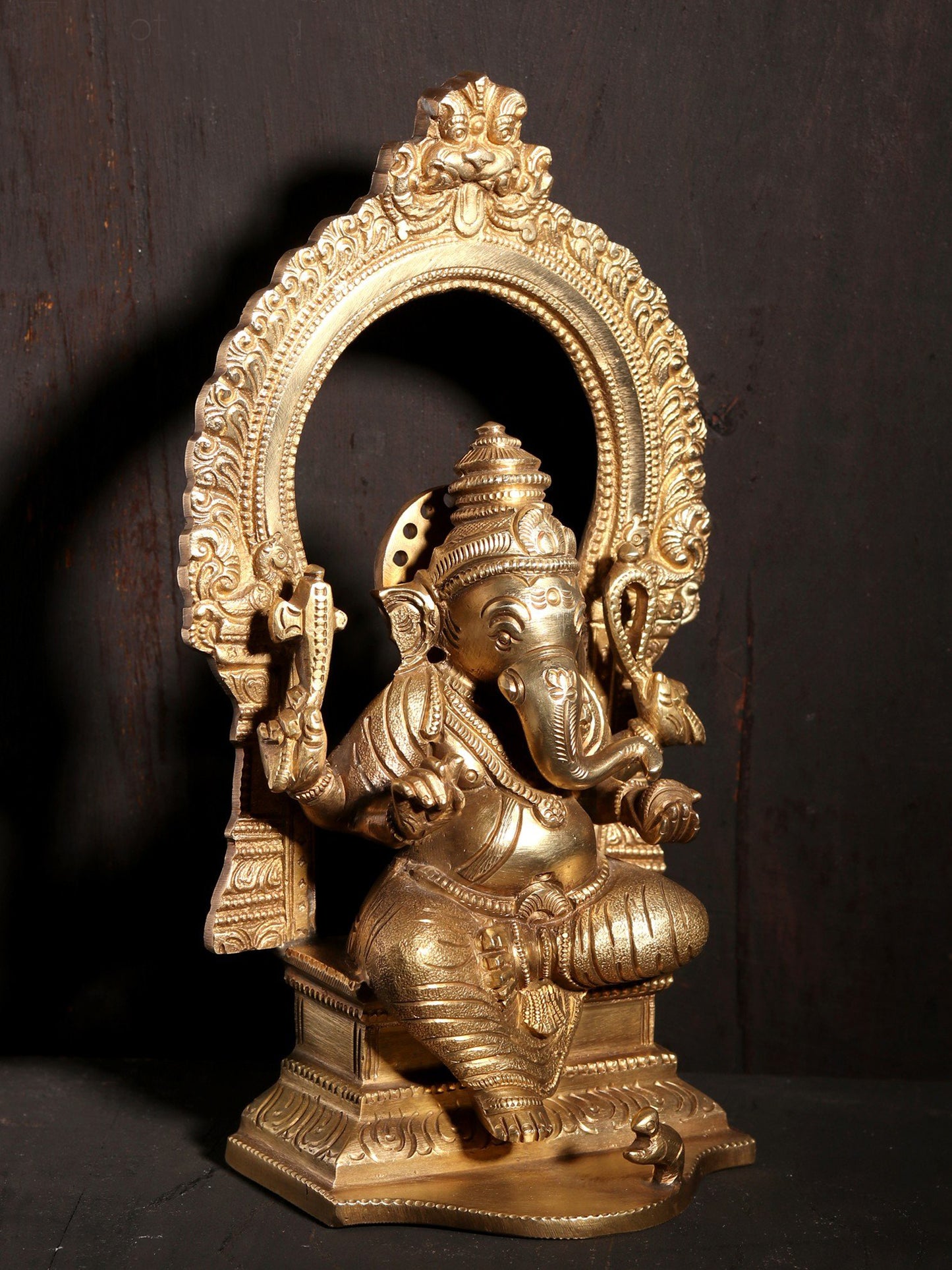 8" Sitting Ganesha on Kirtimukha Throne | Hoysala Art | Bronze Statue