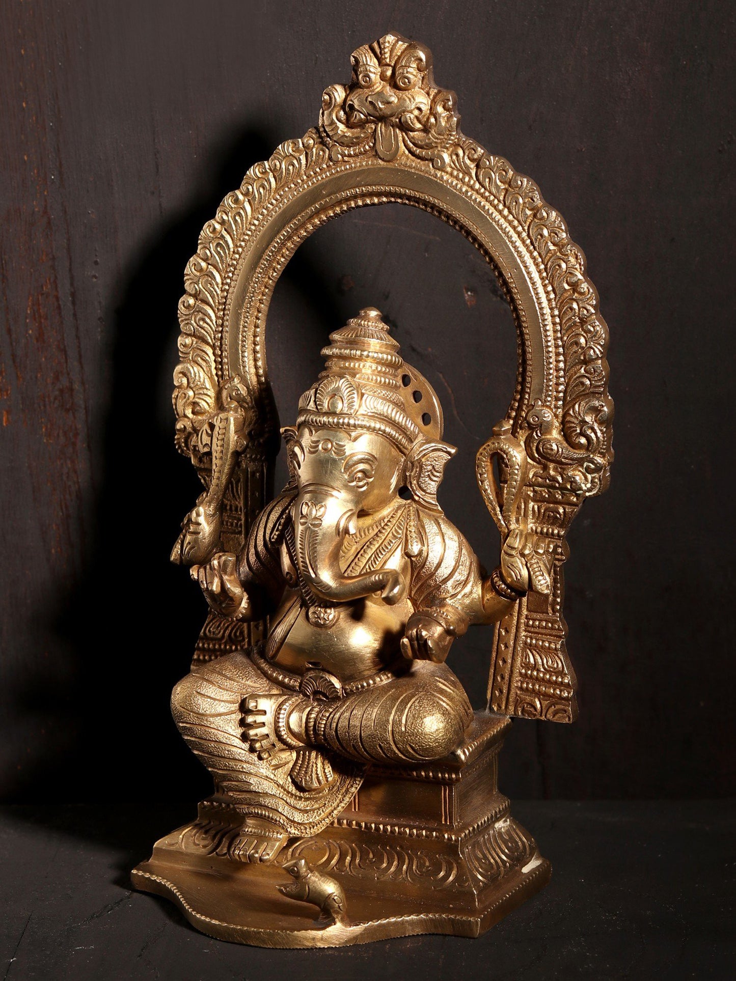 8" Sitting Ganesha on Kirtimukha Throne | Hoysala Art | Bronze Statue