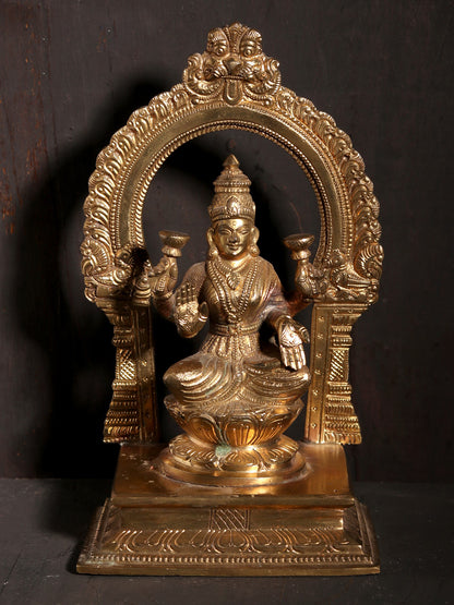 7" Bronze Goddess Lakshmi Idol Seated on Lotus with Kirtimukha Arch | Bronze Statue