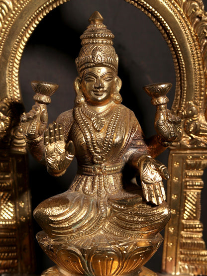 7" Bronze Goddess Lakshmi Idol Seated on Lotus with Kirtimukha Arch | Bronze Statue