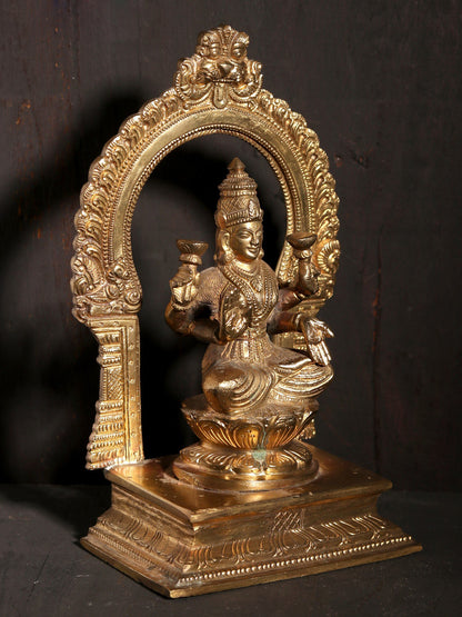 7" Bronze Goddess Lakshmi Idol Seated on Lotus with Kirtimukha Arch | Bronze Statue