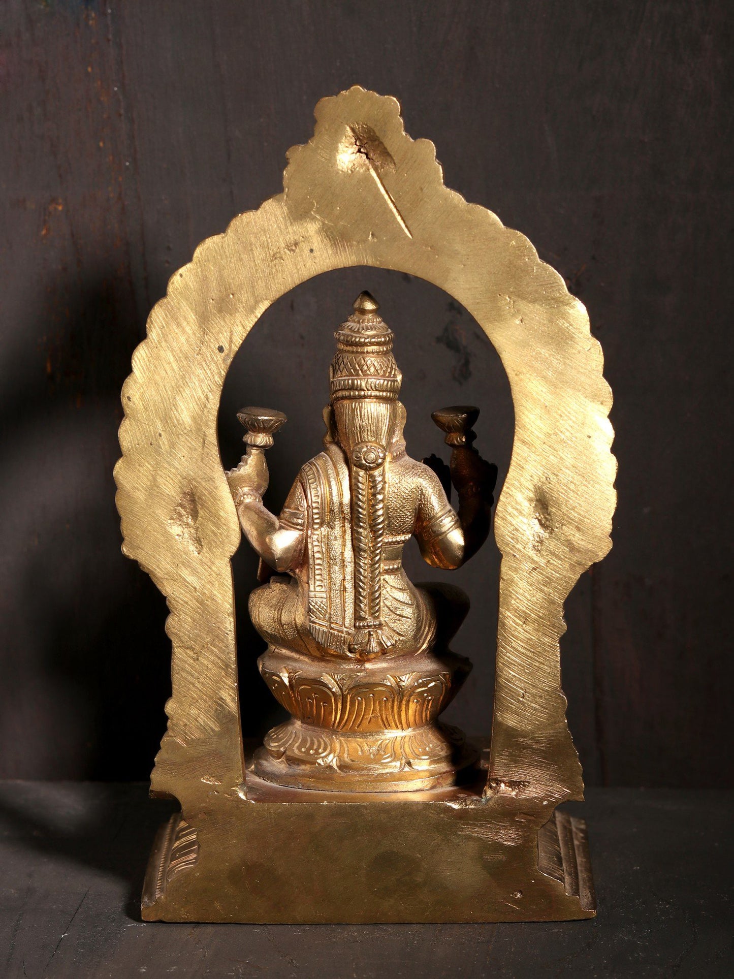 7" Bronze Goddess Lakshmi Idol Seated on Lotus with Kirtimukha Arch | Bronze Statue