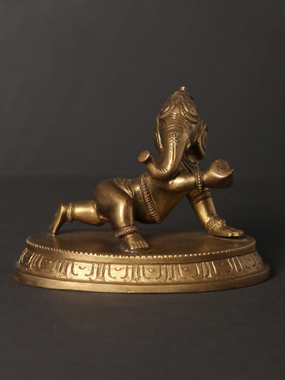 5" Small Crawling Baby Ganesha with Modak | Hoysala Art Bronze Statue