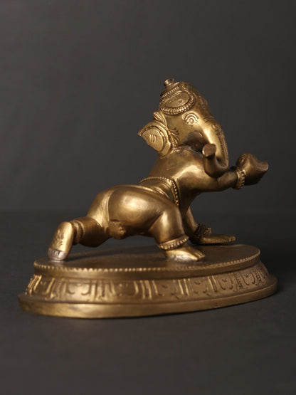 5" Small Crawling Baby Ganesha with Modak | Hoysala Art Bronze Statue