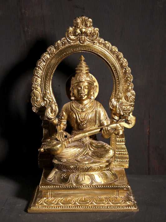 7" Goddess Saraswati Seated On Kirtimukha Throne | Hoysala Art Bronze Statue