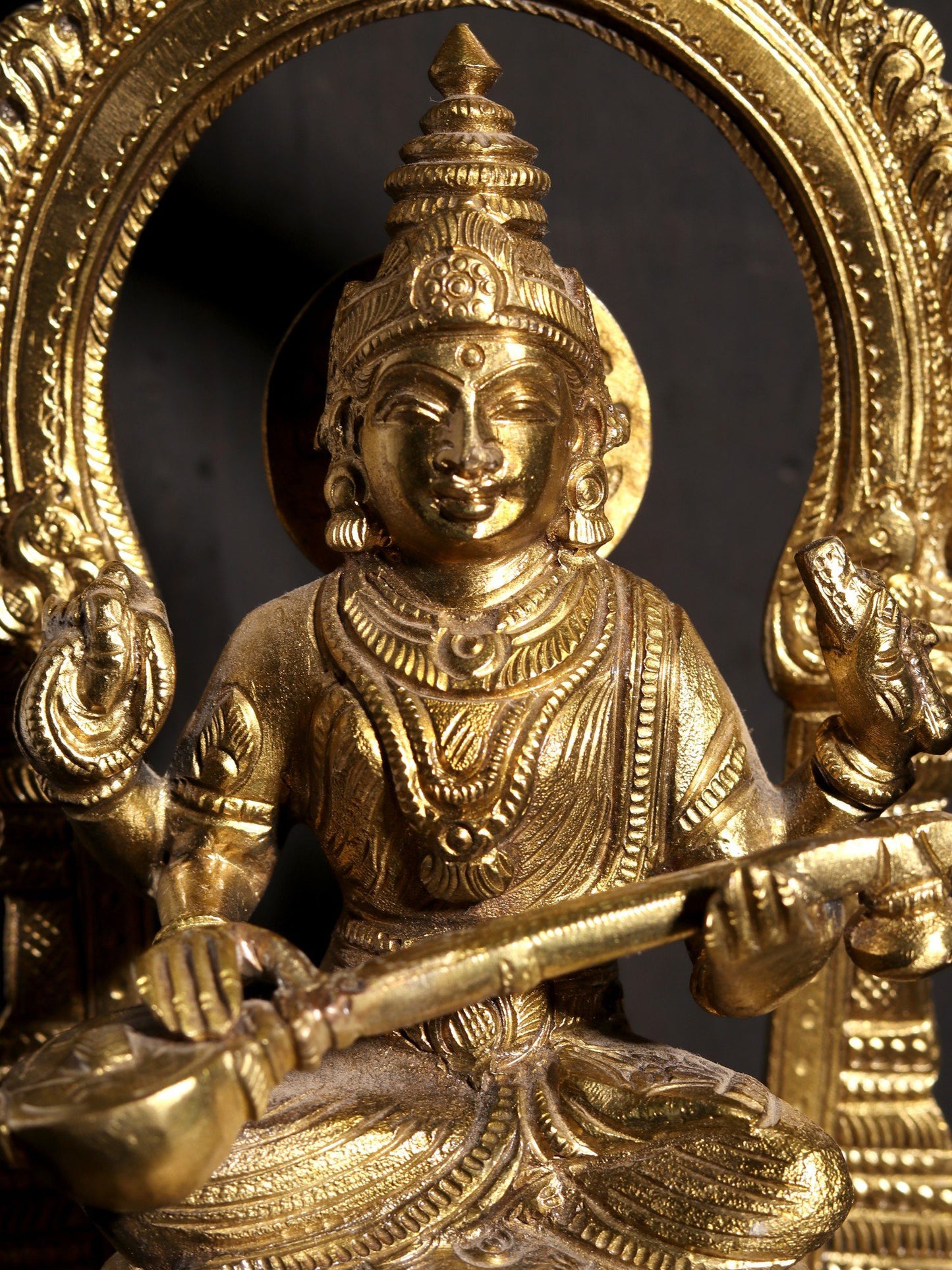 7" Goddess Saraswati Seated On Kirtimukha Throne | Hoysala Art Bronze Statue