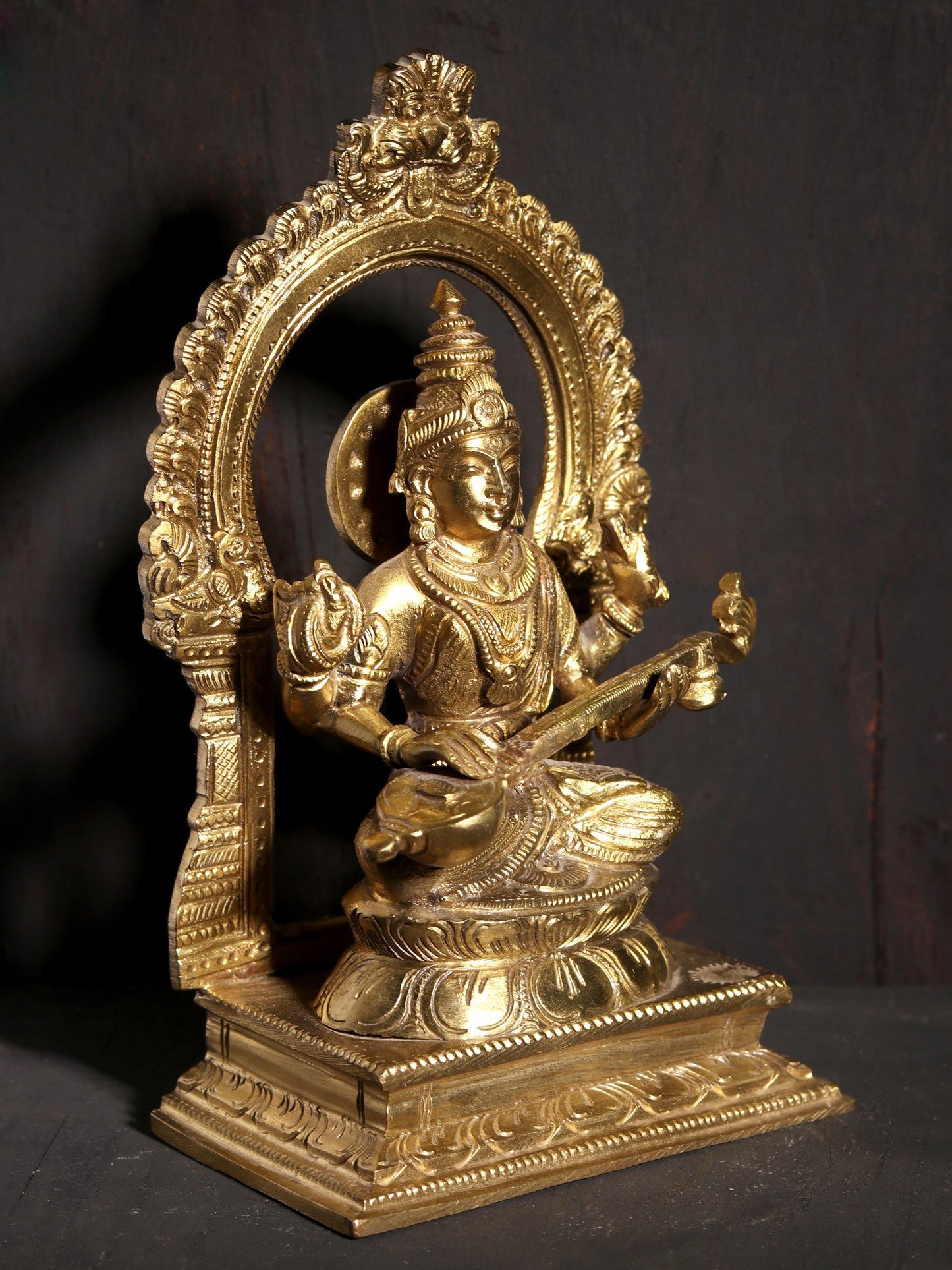 7" Goddess Saraswati Seated On Kirtimukha Throne | Hoysala Art Bronze Statue