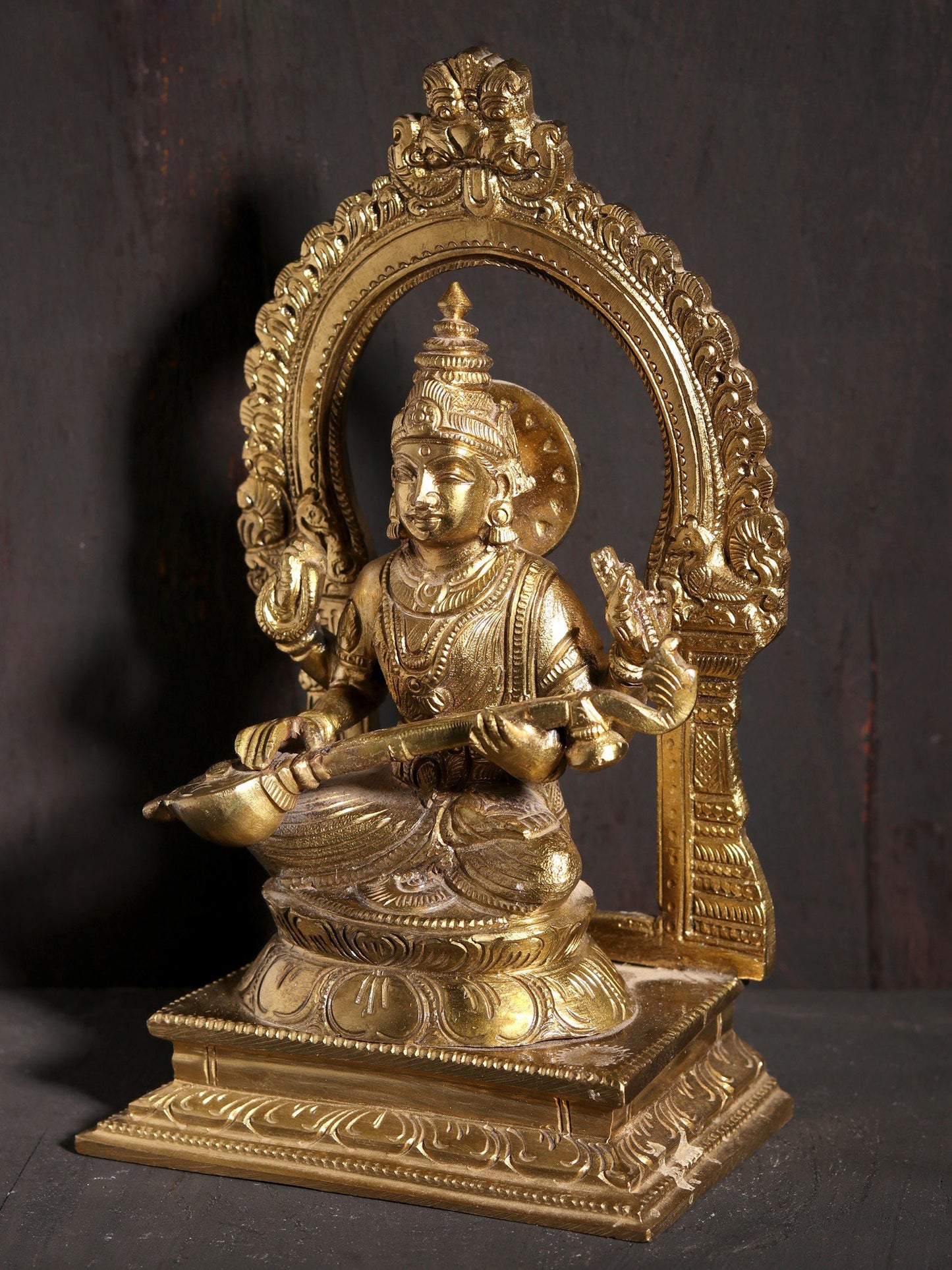 7" Goddess Saraswati Seated On Kirtimukha Throne | Hoysala Art Bronze Statue