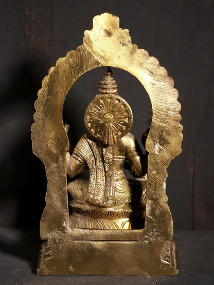 7" Goddess Saraswati Seated On Kirtimukha Throne | Hoysala Art Bronze Statue