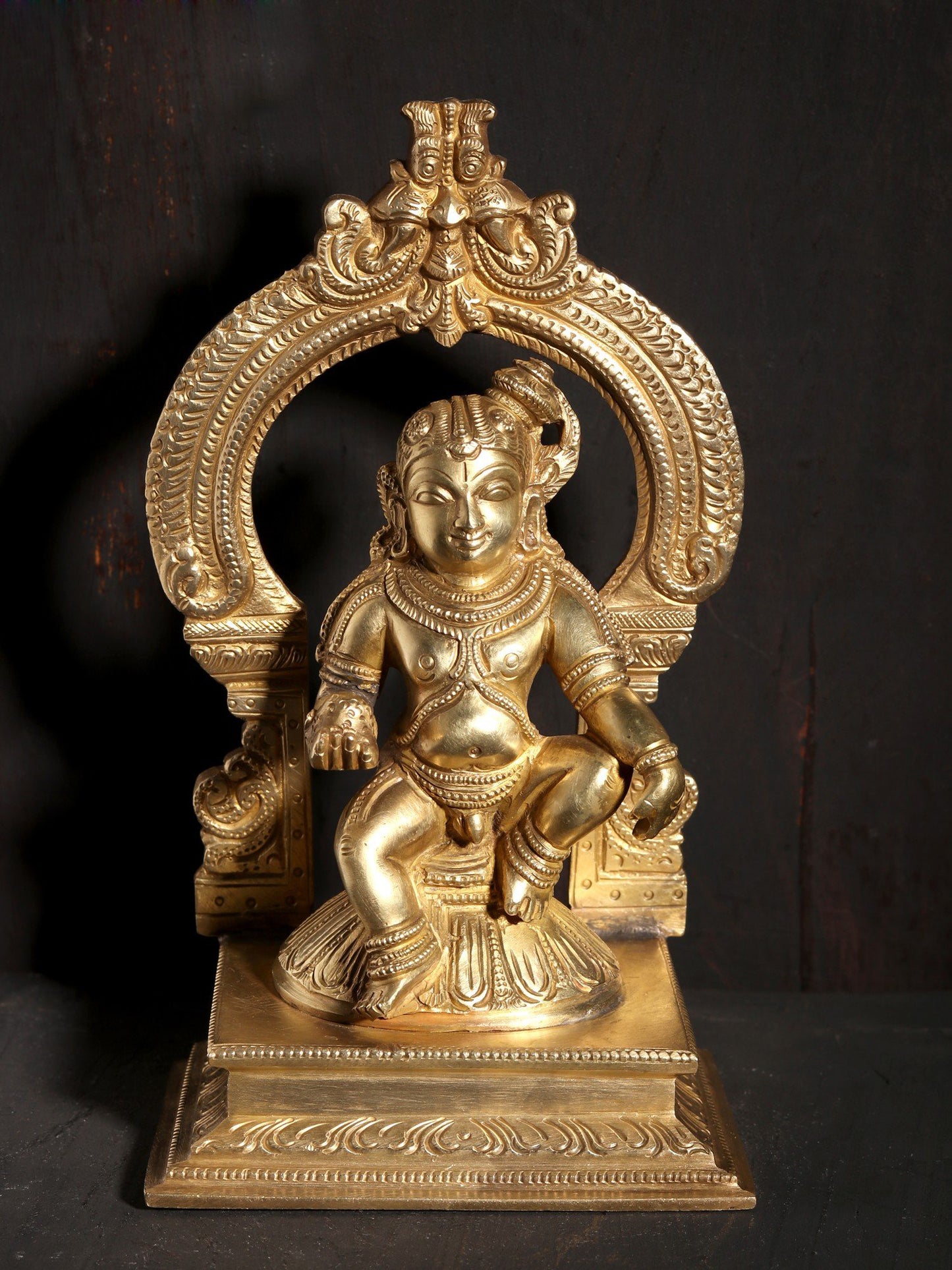 7" Bal Krishna Seated on Kirtimukha Throne | Hoysala Art Bronze Statue