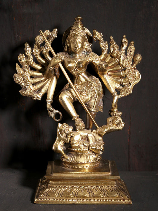 8" Eighteen Armed Mahishasur-Mardini (Goddess Durga) | Hoysala Art Bronze Statue