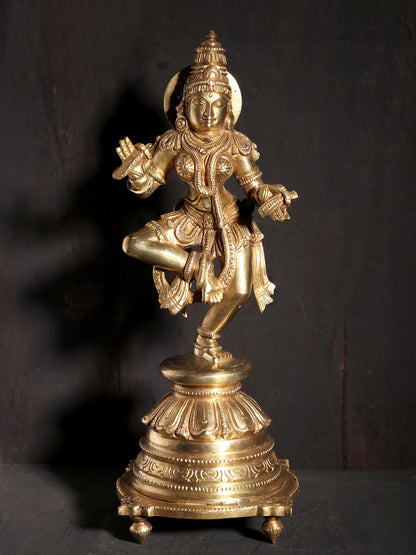 9" Standing Goddess Saraswati On Lotus Pedestal | Hoysala Art Bronze Statue