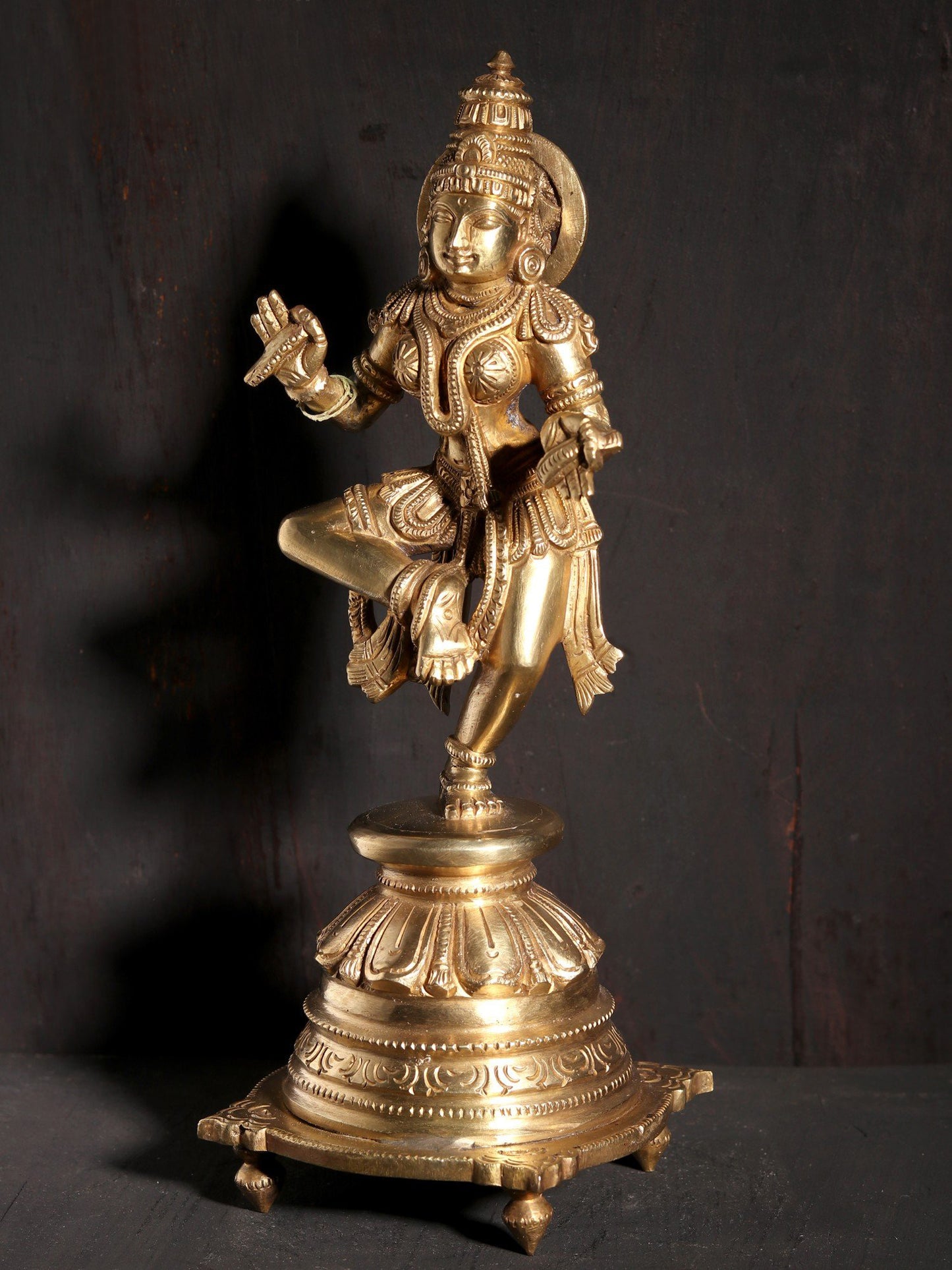 9" Standing Goddess Saraswati On Lotus Pedestal | Hoysala Art Bronze Statue