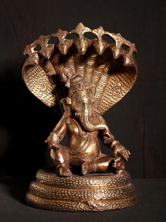 7" Lord Ganesha Seated on Serpent | Hoysala Art Bronze Statue