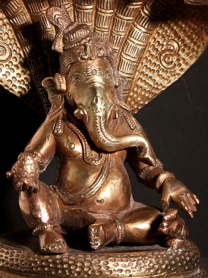 7" Lord Ganesha Seated on Serpent | Hoysala Art Bronze Statue