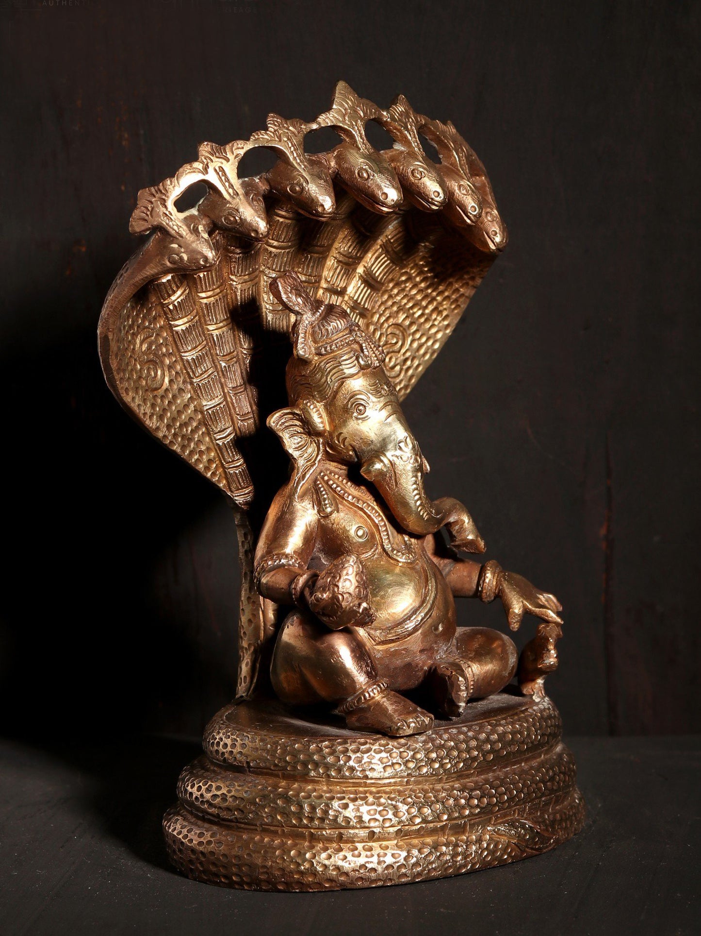 7" Lord Ganesha Seated on Serpent | Hoysala Art Bronze Statue