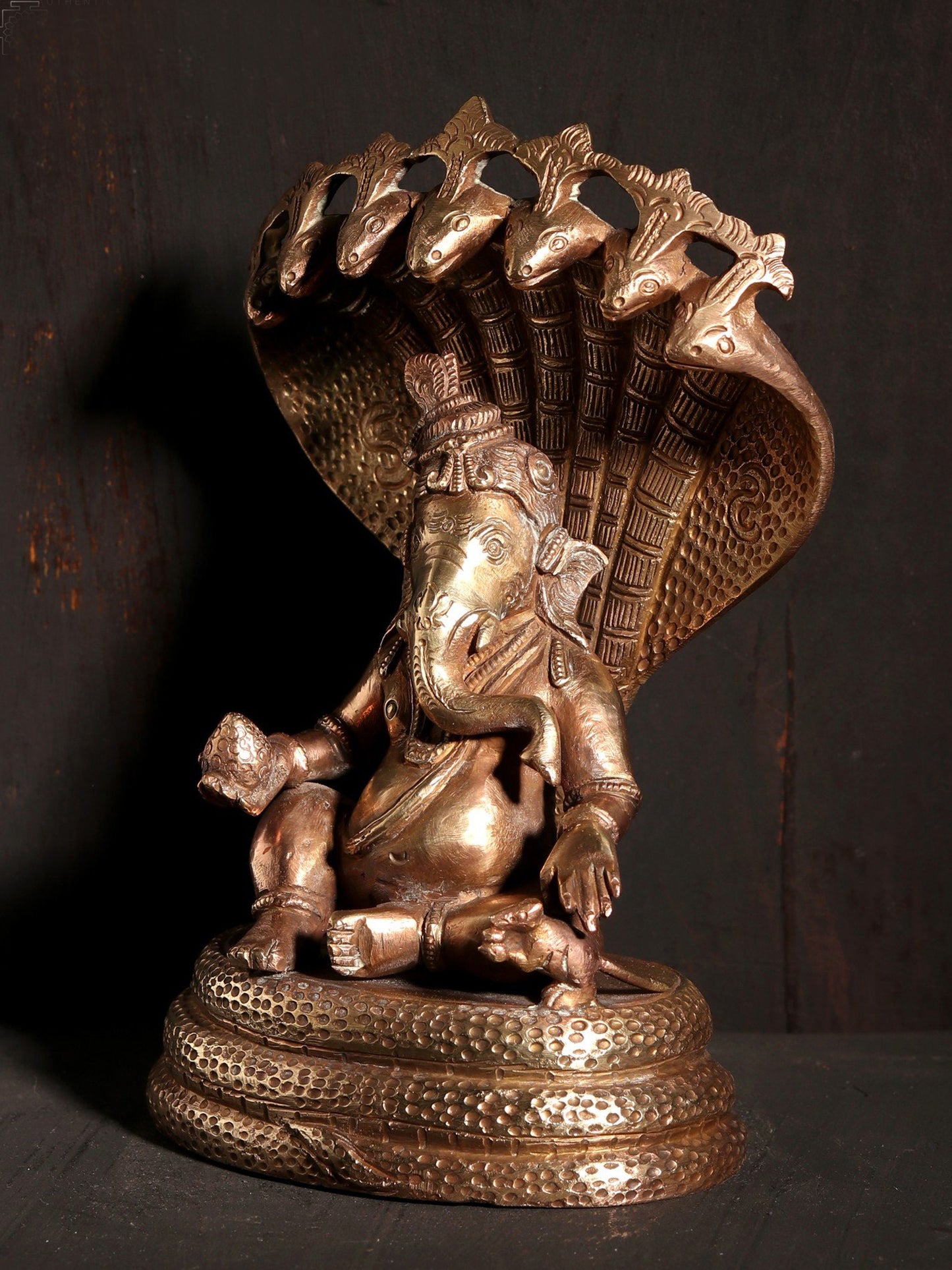 7" Lord Ganesha Seated on Serpent | Hoysala Art Bronze Statue