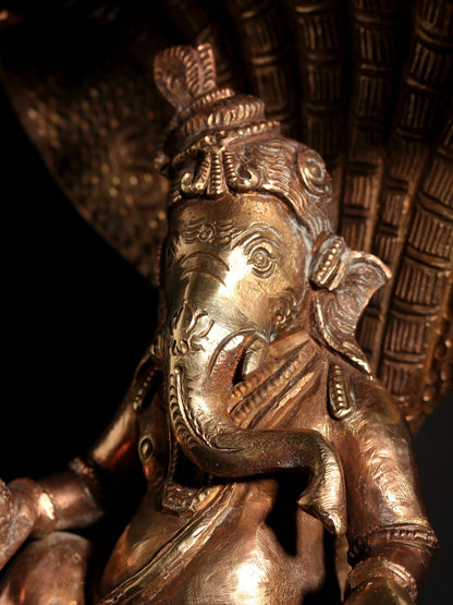 7" Lord Ganesha Seated on Serpent | Hoysala Art Bronze Statue